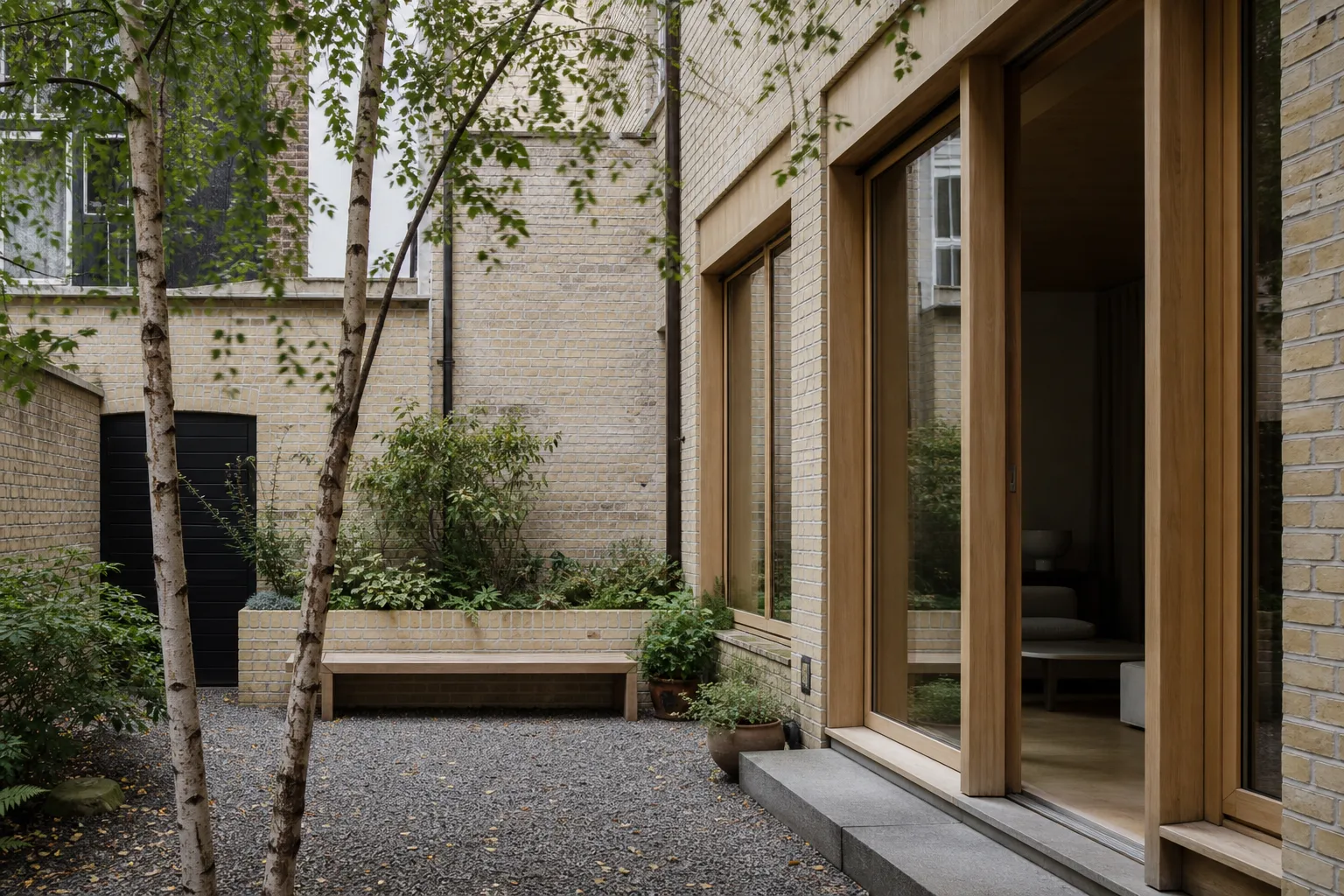 Brick Copenhagen courtyard house with birch tree and oak-framed windows
