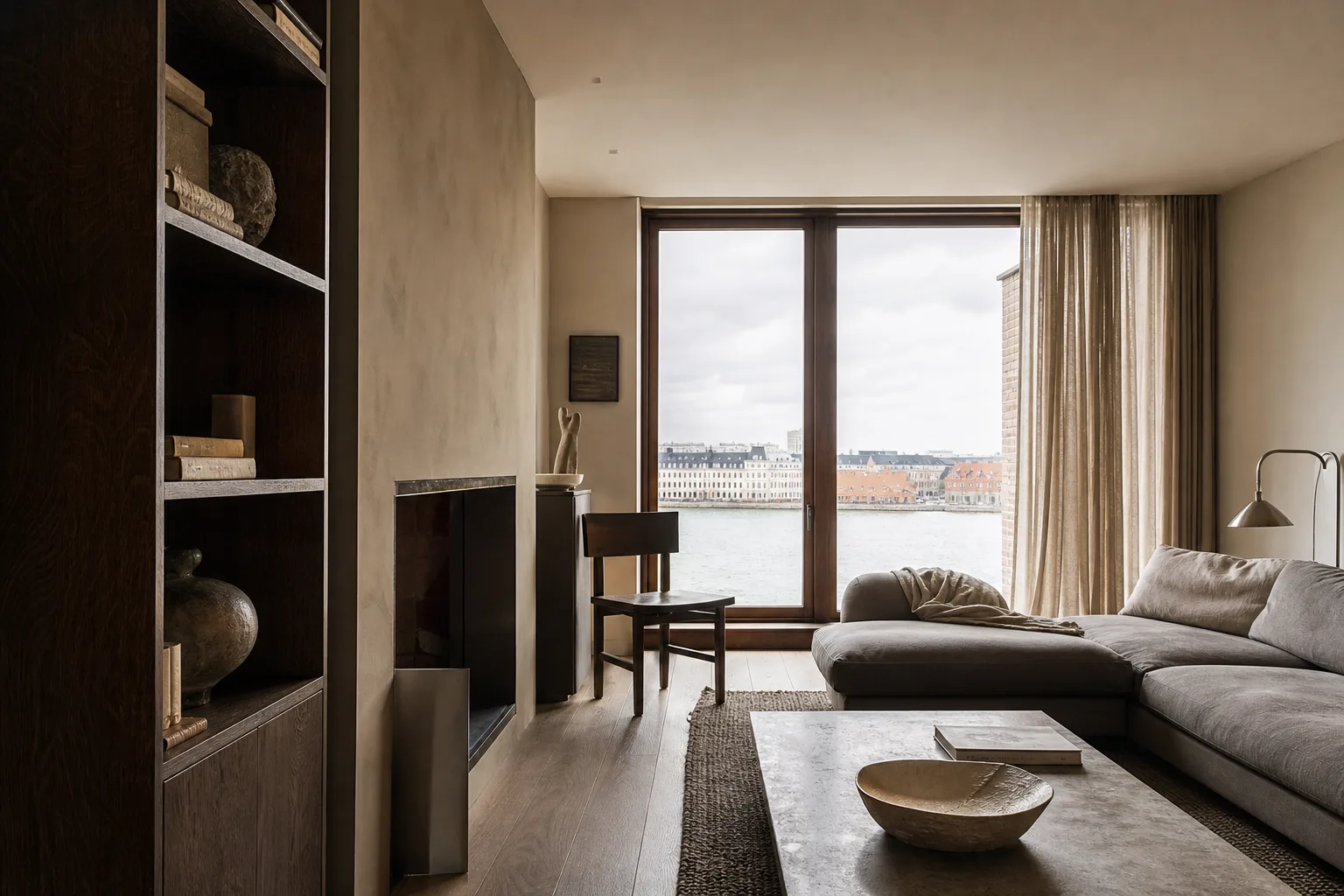 Harbour apartment interior with soft sofa and city view