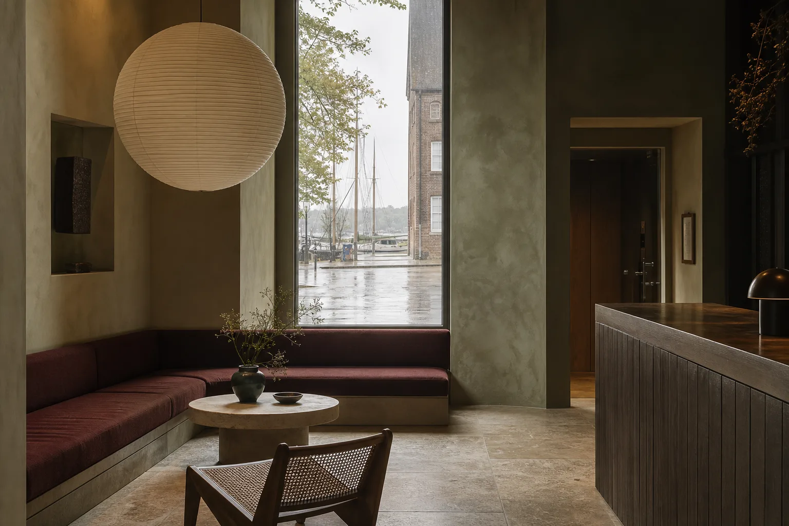 Quiet boutique hotel lounge with limestone, dark timber and oxblood seating