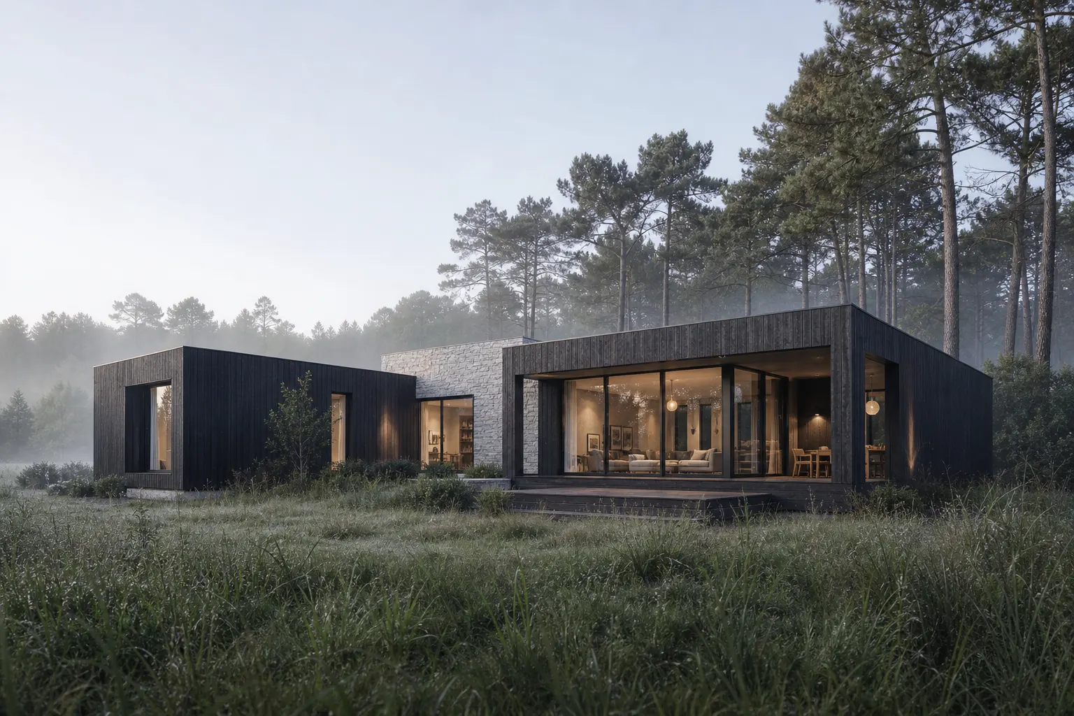 Modular home volumes facing a misty pine forest