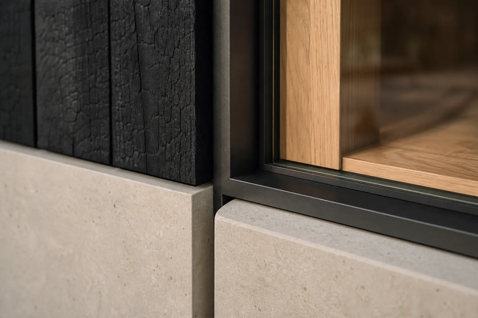 Close view of charred timber, stone, steel and oak meeting