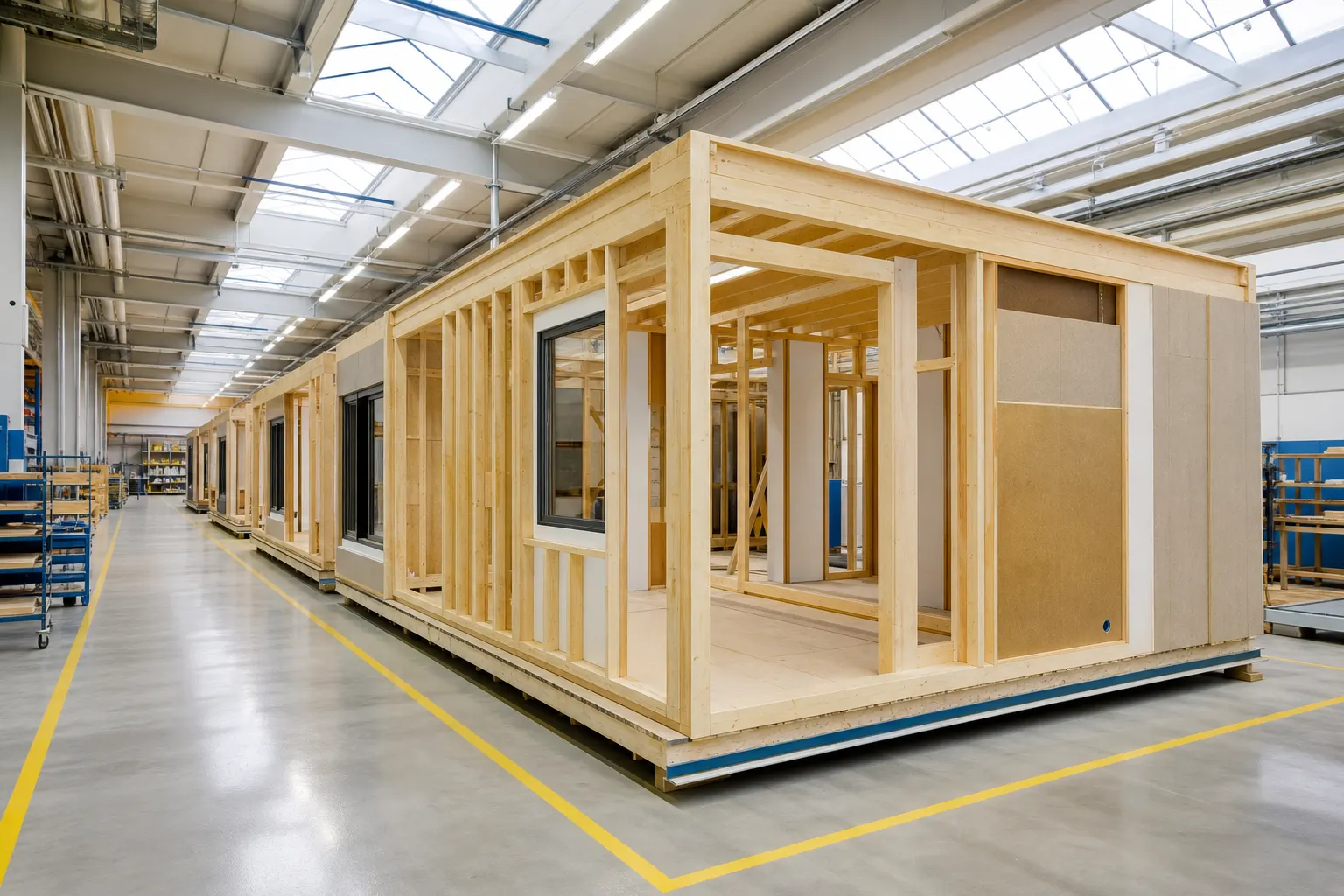 Timber house module being assembled in a clean production hall